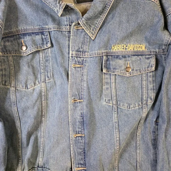 Harley-Davidson Denim Jacket 3XL Big & Tall Blue Jean Trucker Embroidered Logo - Picture 2 of 11